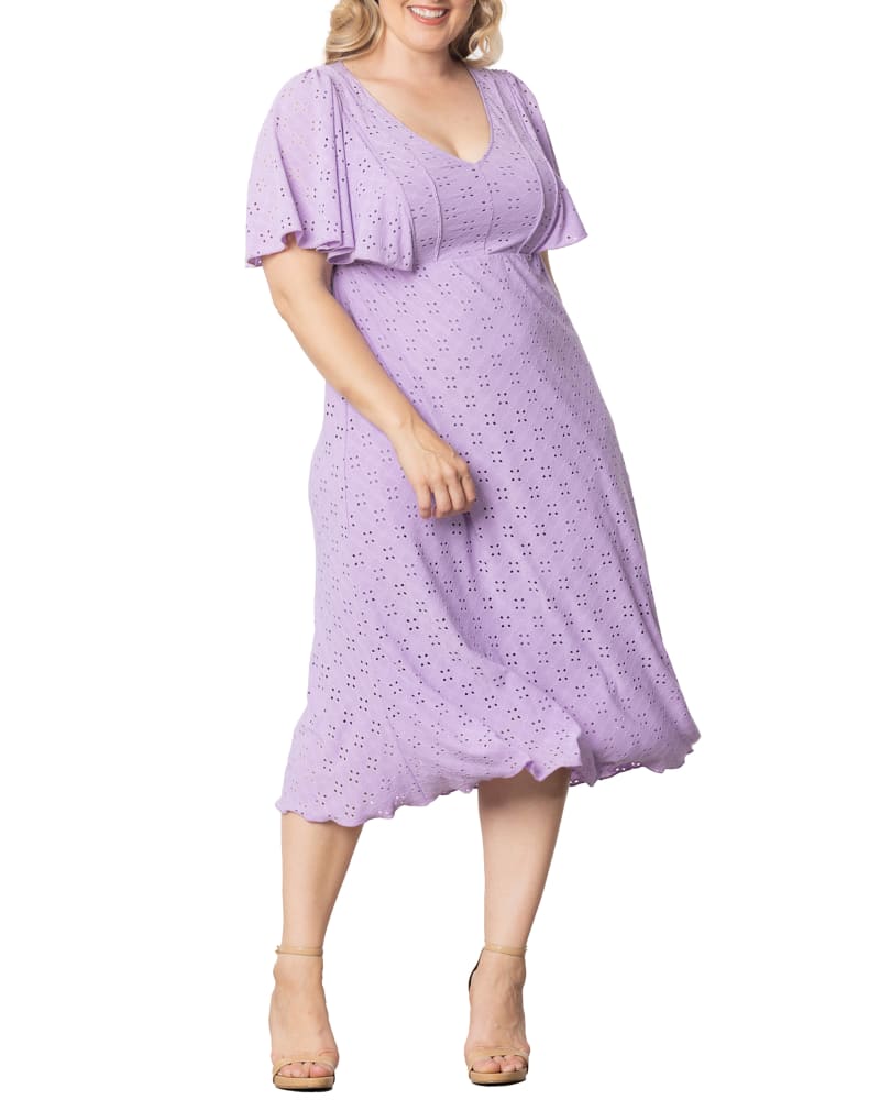 Front of a model wearing a size 0X Lucy Eyelet Maxi Dress in LILAC by Kiyonna. | dia_product_style_image_id:353050